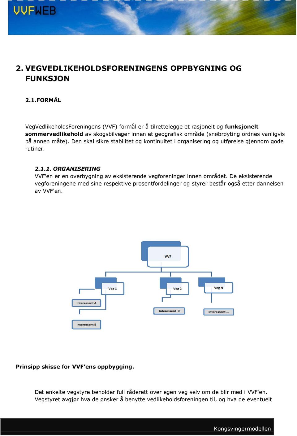 annen måte). Den skal sikre stabilitet og kontinuitet i organisering og utførelse gjennom gode rutiner. 2.1.1. ORGANISERING VVF'en er en overbygning av eksisterende vegforeninger innen området.