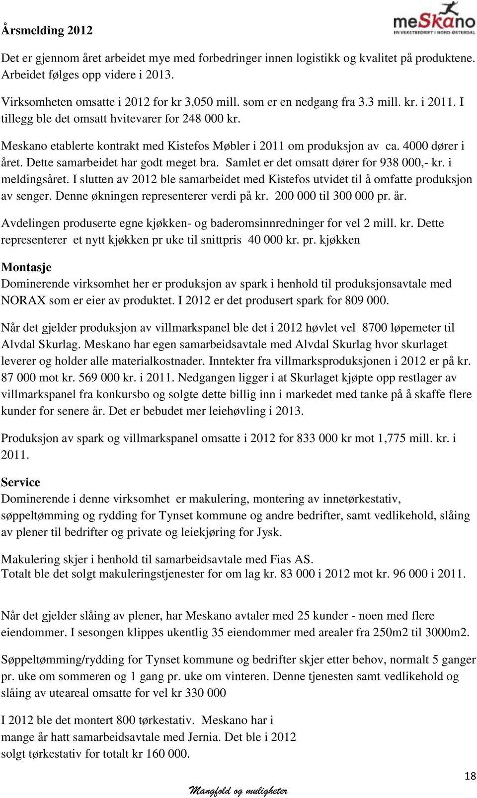 Dette samarbeidet har godt meget bra. Samlet er det omsatt dører for 938 000,- kr. i meldingsåret. I slutten av 2012 ble samarbeidet med Kistefos utvidet til å omfatte produksjon av senger.