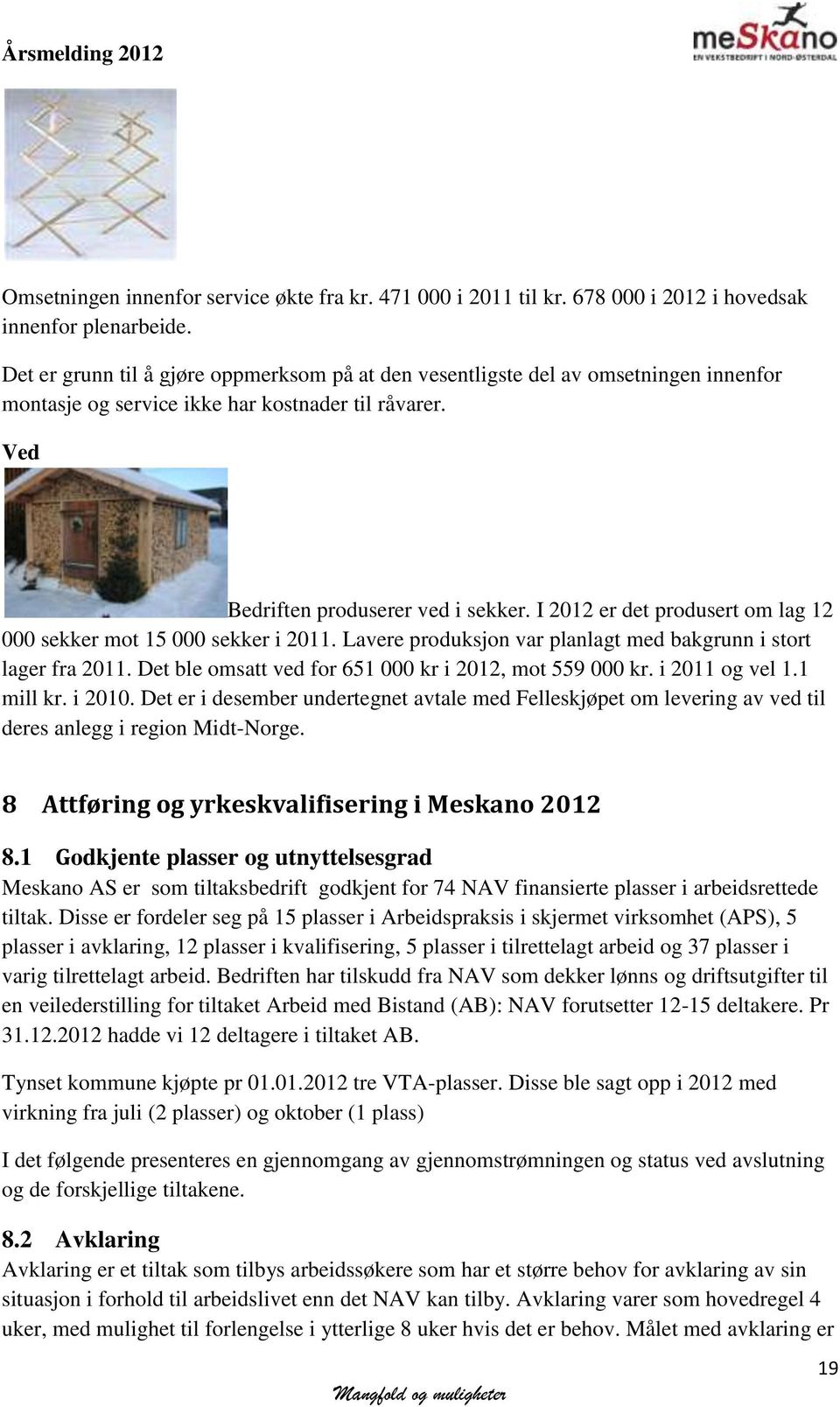 I 2012 er det produsert om lag 12 000 sekker mot 15 000 sekker i 2011. Lavere produksjon var planlagt med bakgrunn i stort lager fra 2011. Det ble omsatt ved for 651 000 kr i 2012, mot 559 000 kr.