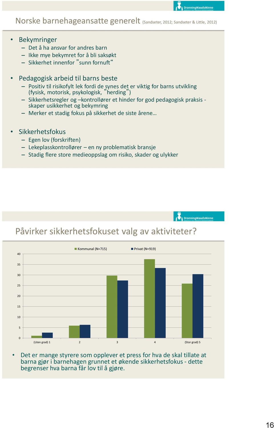 pedagogisk praksis - skaper usikkerhet og bekymring Merker et stadig fokus på sikkerhet de siste årene Sikkerhetsfokus Egen lov (forskriften) Lekeplasskontrollører en ny problematisk bransje Stadig