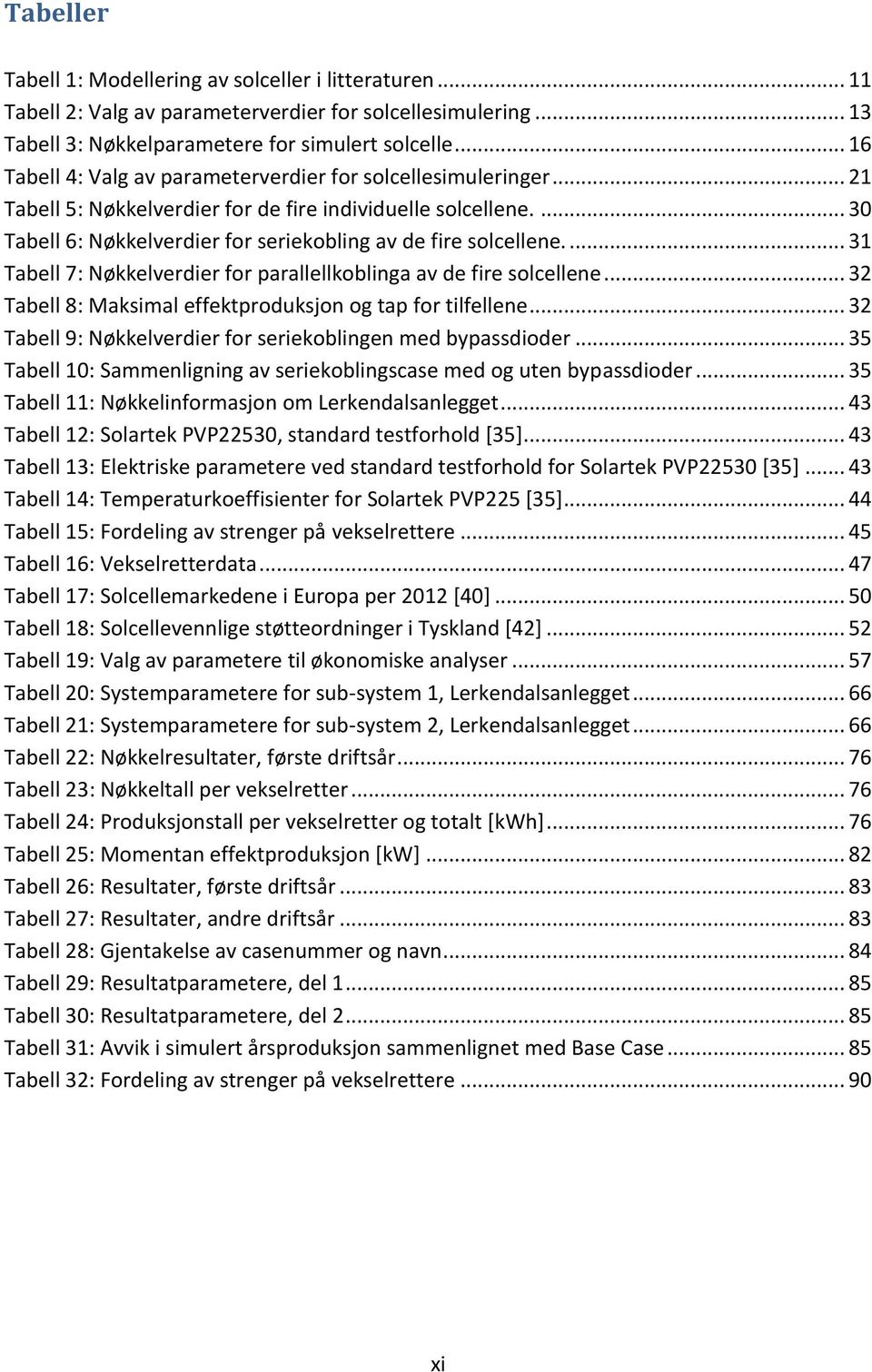 ... 31 Tabell 7: Nøkkelverdier for parallellkoblinga av de fire solcellene... 32 Tabell 8: Maksimal effektproduksjon og tap for tilfellene.