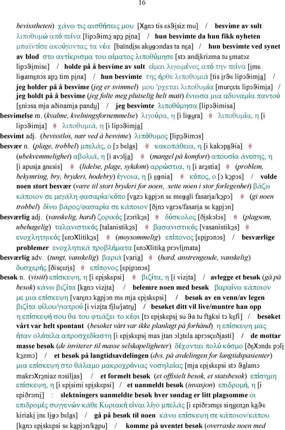 liǅamεnǥs apǥ tim pina] / hun besvimte της ήρθε λιποθυµιά [tis irϑε lipǥϑimja] / jeg holder på å besvime (jeg er svimmel) µου 'ρχεται λιποθυµία [murçεtε lipǥϑimia] / jeg holdt på å besvime (jeg følte