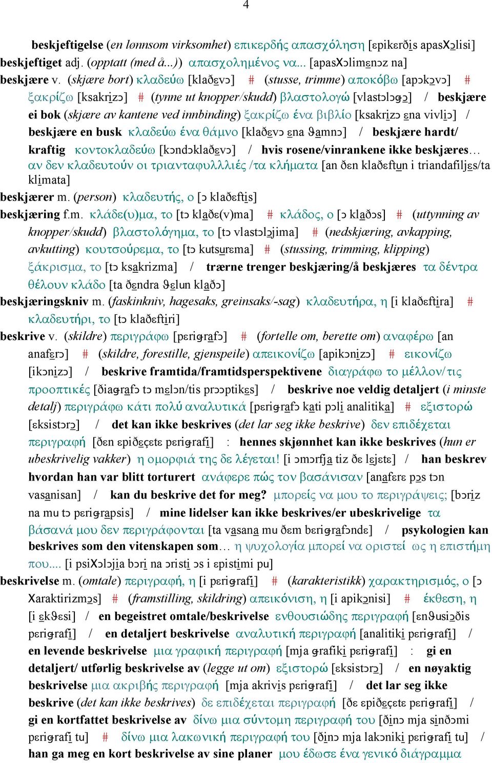 ξακρίζω ένα βιβλίο [ksakrizǥ εna vivliǥ] / beskjære en busk κλαδεύω ένα θάµνο [klaðεvǥ εna ϑamnǥ] / beskjære hardt/ kraftig κοντοκλαδεύω [kǥndǥklaðεvǥ] / hvis rosene/vinrankene ikke beskjæres αν δεν