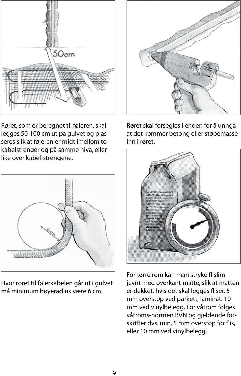 Hvor røret til følerkabelen går ut i gulvet må minimum bøyeradius være 6 cm.