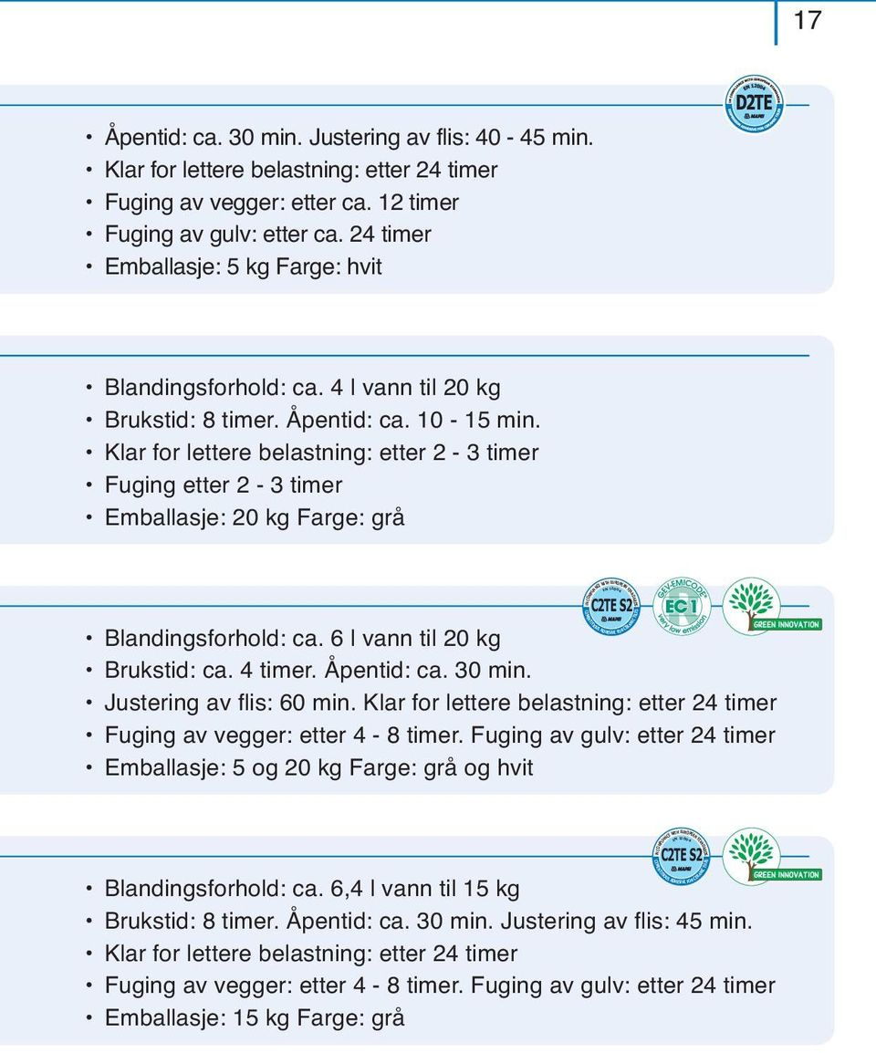 4 l vann til 20 kg Brukstid: 8 timer. Åpentid: ca. 10-15 min. Klar for lettere belastning: etter 2-3 timer Fuging etter 2-3 timer Emballasje: 20 kg Farge: grå C2TE S2 Blandingsforhold: ca.