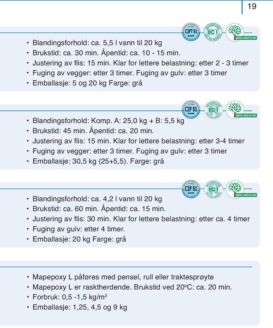 Klar for lettere belastning: etter 2-3 timer Fuging av vegger: etter 3 timer. Fuging av gulv: etter 3 timer Emballasje: 5 og 20 kg Farge: grå C2F S1 Blandingsforhold: Komp.