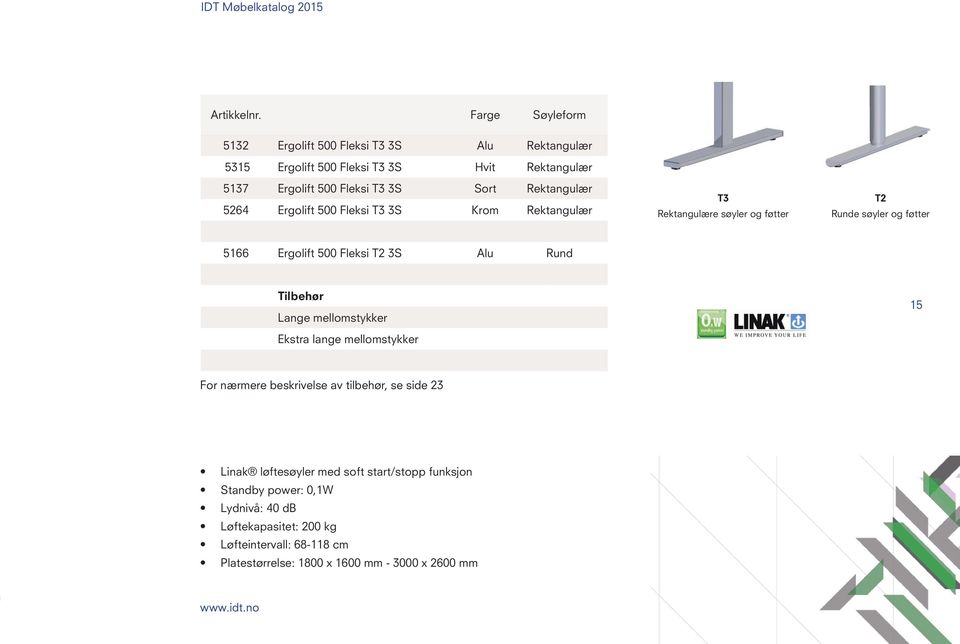 5264 Ergolift 500 Fleksi T3 3S Krom Rektangulær T3 Rektangulære søyler og føtter T2 Runde søyler og føtter 5166 Ergolift 500 Fleksi T2 3S Alu Rund Tilbehør