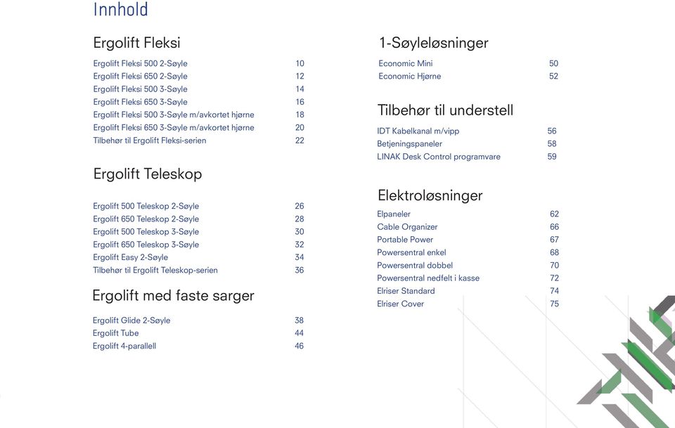 3-Søyle 30 Ergolift 650 Teleskop 3-Søyle 32 Ergolift Easy 2-Søyle 34 Tilbehør til Ergolift Teleskop-serien 36 Ergolift med faste sarger 1-Søyleløsninger Economic Mini 50 Economic Hjørne 52 Tilbehør