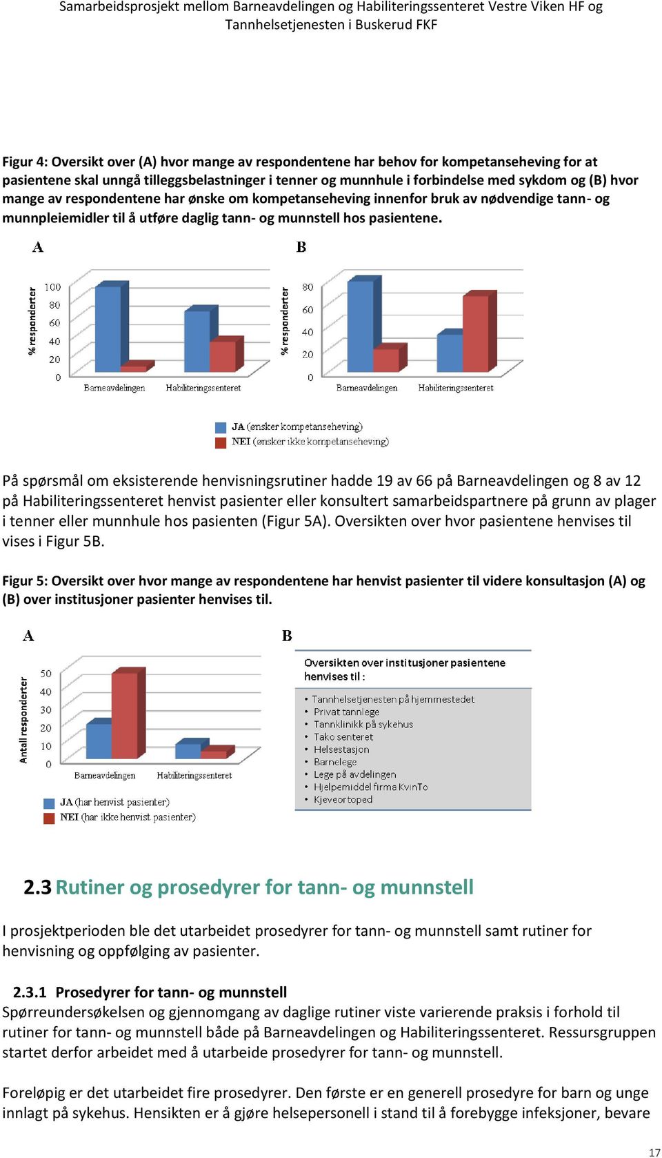 På spørsmål om eksisterende henvisningsrutiner hadde 19 av 66 på Barneavdelingen og 8 av 12 på Habiliteringssenteret henvist pasienter eller konsultert samarbeidspartnere på grunn av plager i tenner