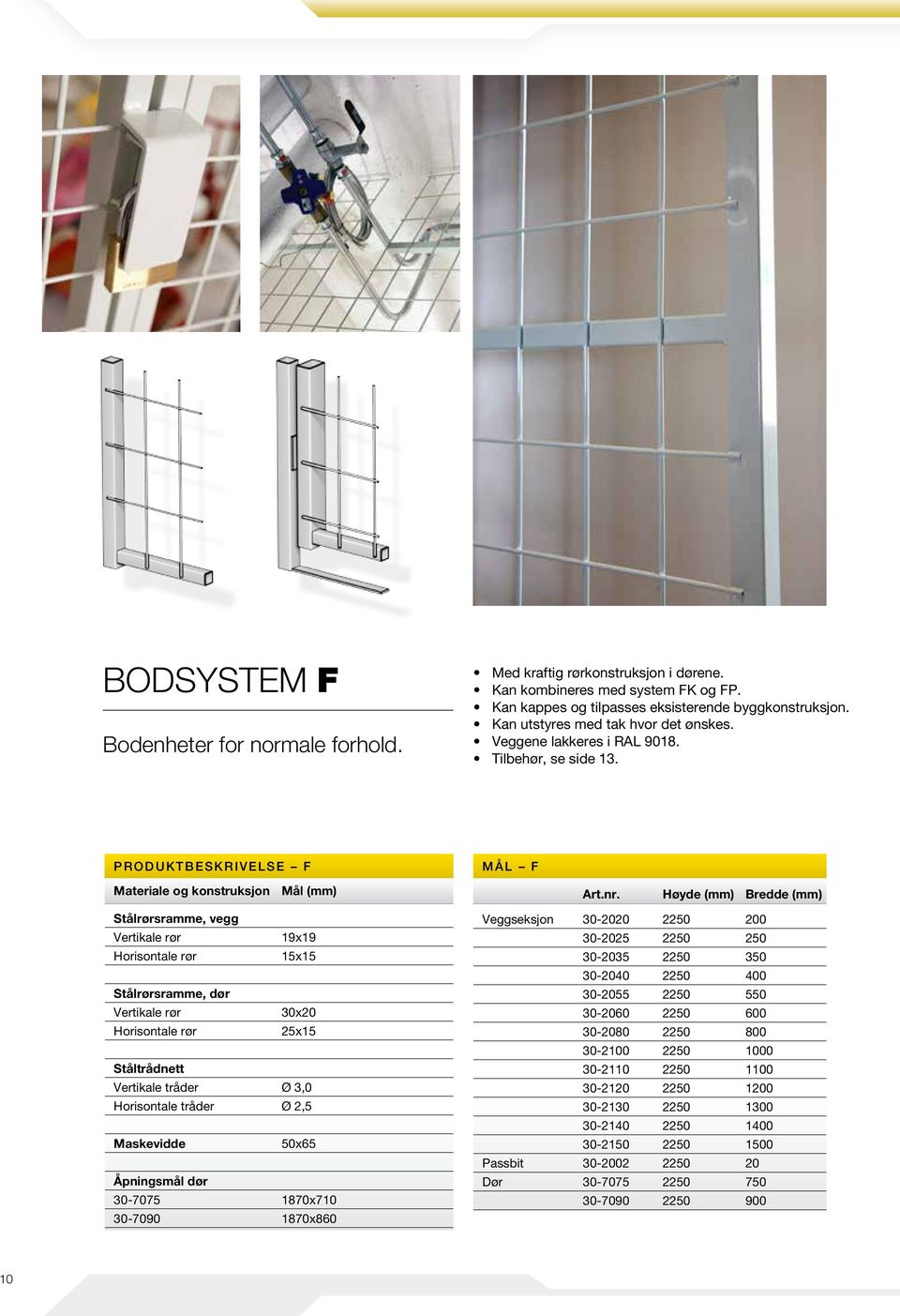 Høyde (mm) Bredde (mm) Stålrørsramme, vegg Vertikale rør 19x19 Horisontale rør 15x15 Stålrørsramme, dør Vertikale rør 30x20 Horisontale rør 25x15 Ståltrådnett Vertikale tråder Ø 3,0 Horisontale