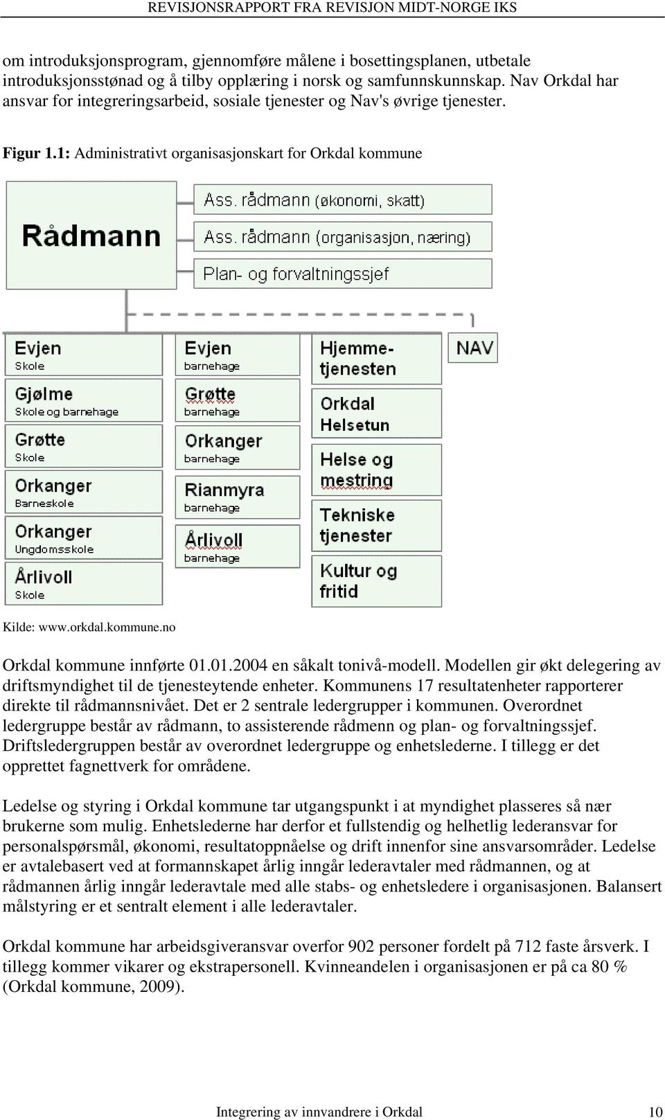 01.2004 en såkalt tonivå-modell. Modellen gir økt delegering av driftsmyndighet til de tjenesteytende enheter. Kommunens 17 resultatenheter rapporterer direkte til rådmannsnivået.