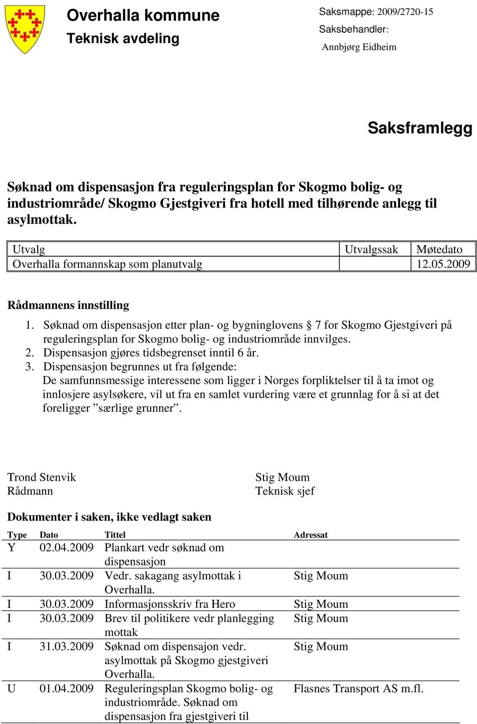 Søknad om dispensasjon etter plan- og bygninglovens 7 for Skogmo Gjestgiveri på reguleringsplan for Skogmo bolig- og industriområde innvilges. 2. Dispensasjon gjøres tidsbegrenset inntil 6 år. 3.