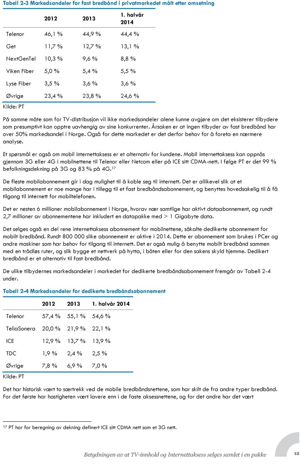 samme måte som for TV-distribusjon vil ikke markedsandeler alene kunne avgjøre om det eksisterer tilbydere som presumptivt kan opptre uavhengig av sine konkurrenter.