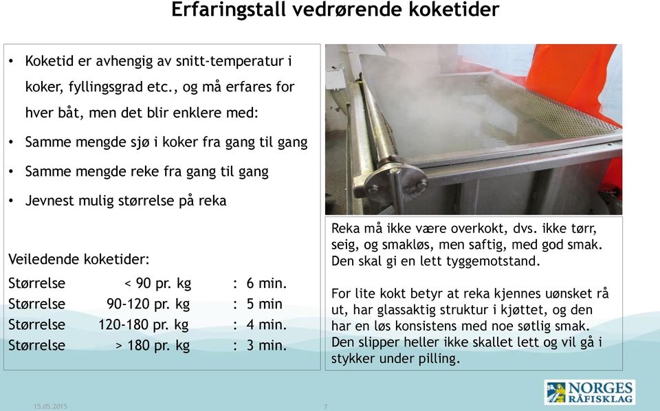 Størrelse < 90 pr. kg : 6 min. Størrelse 90-120 pr. kg : 5 min Størrelse 120-180 pr. kg : 4 min. Størrelse > 180 pr. kg : 3 min. Reka må ikke være overkokt, dvs.