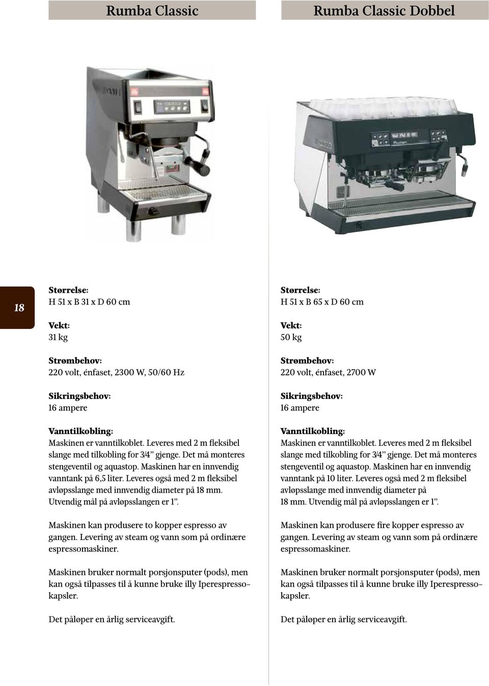 Leveres også med 2 m fleksibel avløpsslange med innvendig diameter på 18 mm. Utvendig mål på avløpsslangen er 1. Maskinen kan produsere to kopper espresso av gangen.