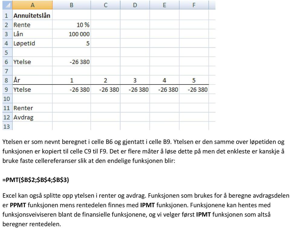 Excel kan også splitte opp ytelsen i renter og avdrag.