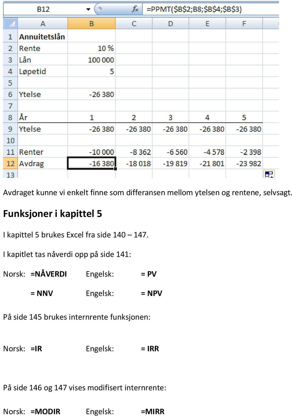 I kapitlet tas nåverdi opp på side 141: Norsk: =NÅVERDI Engelsk: = PV = NNV Engelsk: = NPV På