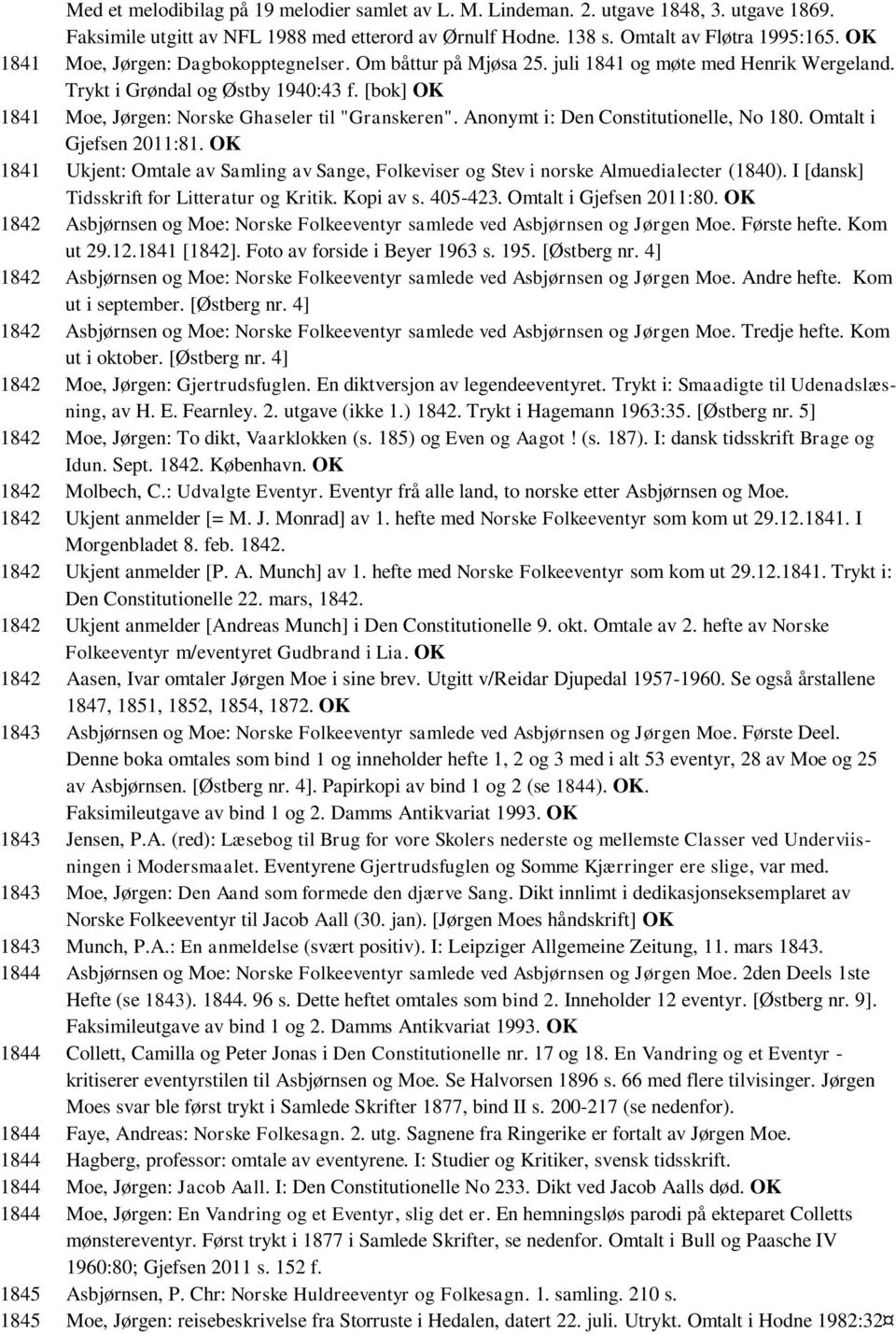 Anonymt i: Den Constitutionelle, No 180. Omtalt i Gjefsen 2011:81. OK 1841 Ukjent: Omtale av Samling av Sange, Folkeviser og Stev i norske Almuedialecter (1840).
