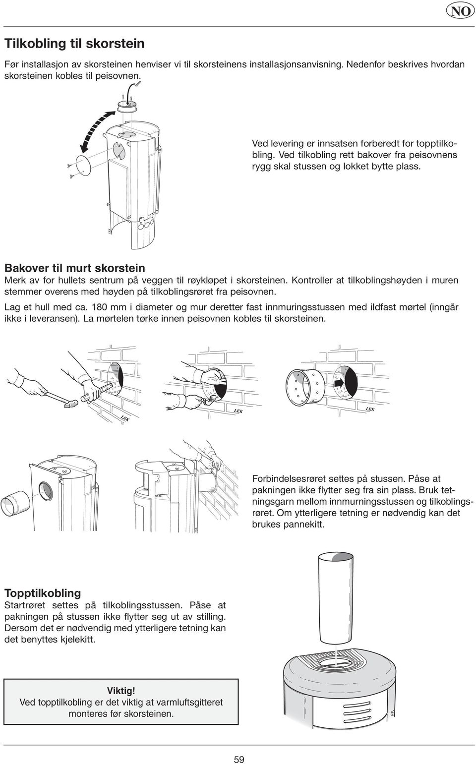 Bakover til murt skorstein Merk av for hullets sentrum på veggen til røykløpet i skorsteinen. Kontroller at tilkoblingshøyden i muren stemmer overens med høyden på tilkoblingsrøret fra peisovnen.