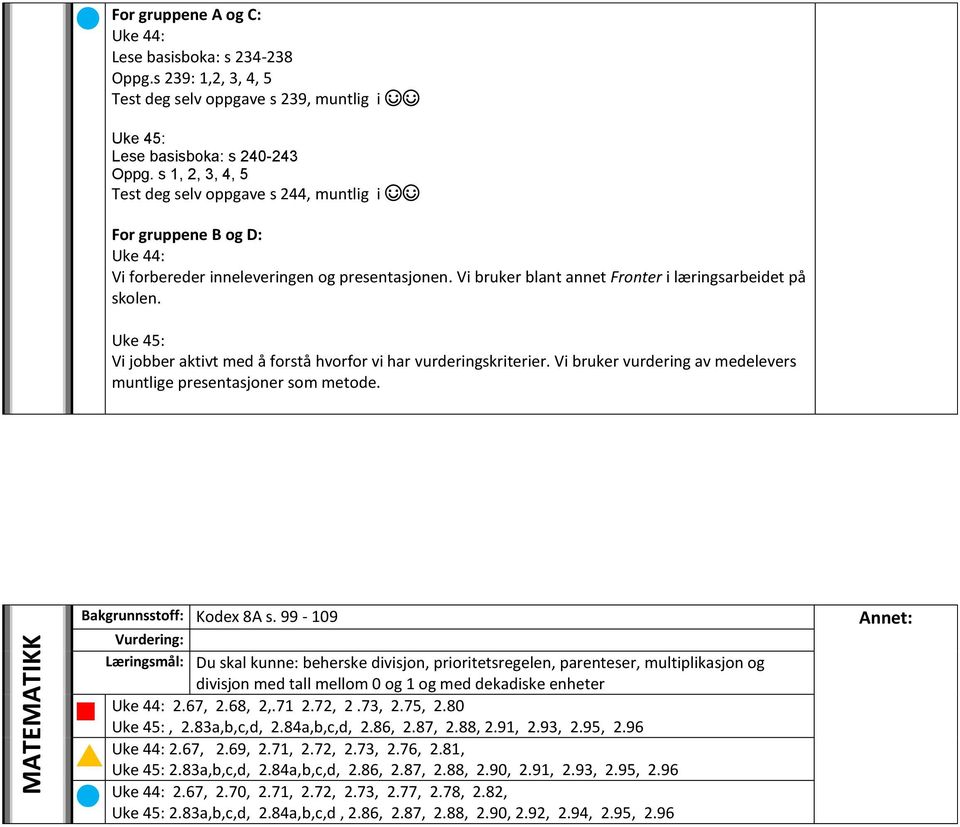 Vi jobber aktivt med å forstå hvorfor vi har vurderingskriterier. Vi bruker vurdering av medelevers muntlige presentasjoner som metode. Bakgrunnsstoff: Kodex 8A s.