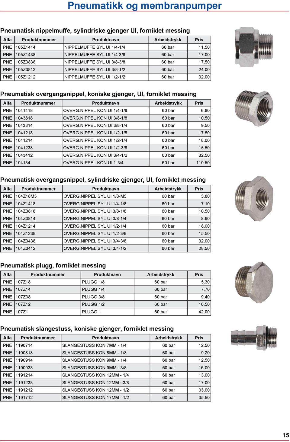 00 Pneumatisk overgangsnippel, koniske gjenger, UI, forniklet messing Alfa Produktnummer Produktnavn Arbeidstrykk Pris PNE 1041418 OVERG.NIPPEL KON UI 1/4-1/8 60 6.80 PNE 1043818 OVERG.