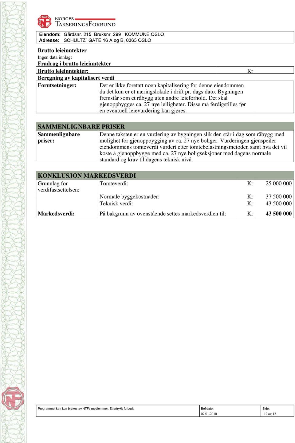 Forutsetninger: Det er ikke foretatt noen kapitalisering for denne eiendommen da det kun er et næringslokale i drift pr. dags dato. Bygningen fremstår som et råbygg uten andre leieforhold.