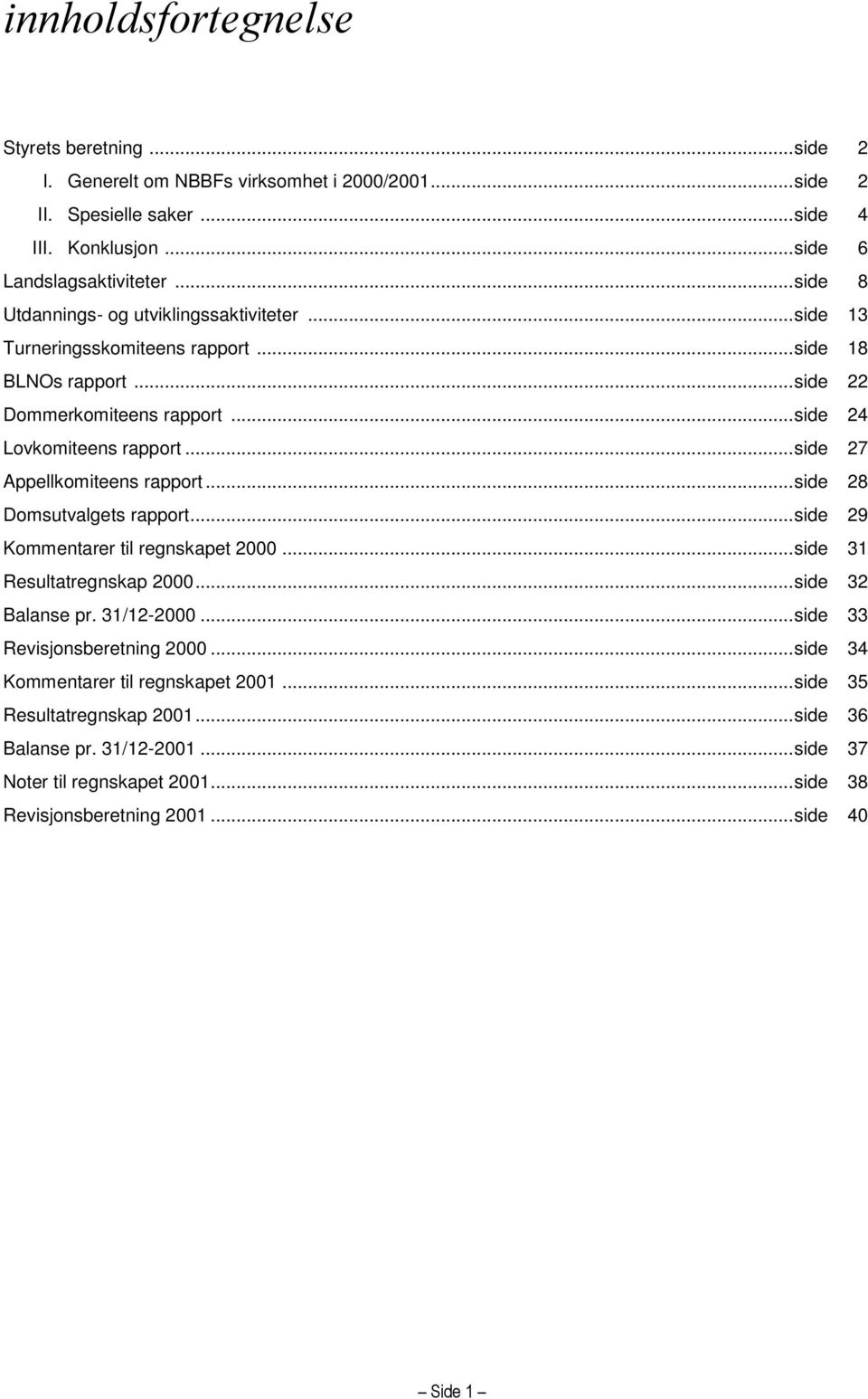 .. side 27 Appellkomiteens rapport... side 28 Domsutvalgets rapport... side 29 Kommentarer til regnskapet 2000... side 31 Resultatregnskap 2000... side 32 Balanse pr. 31/12-2000.