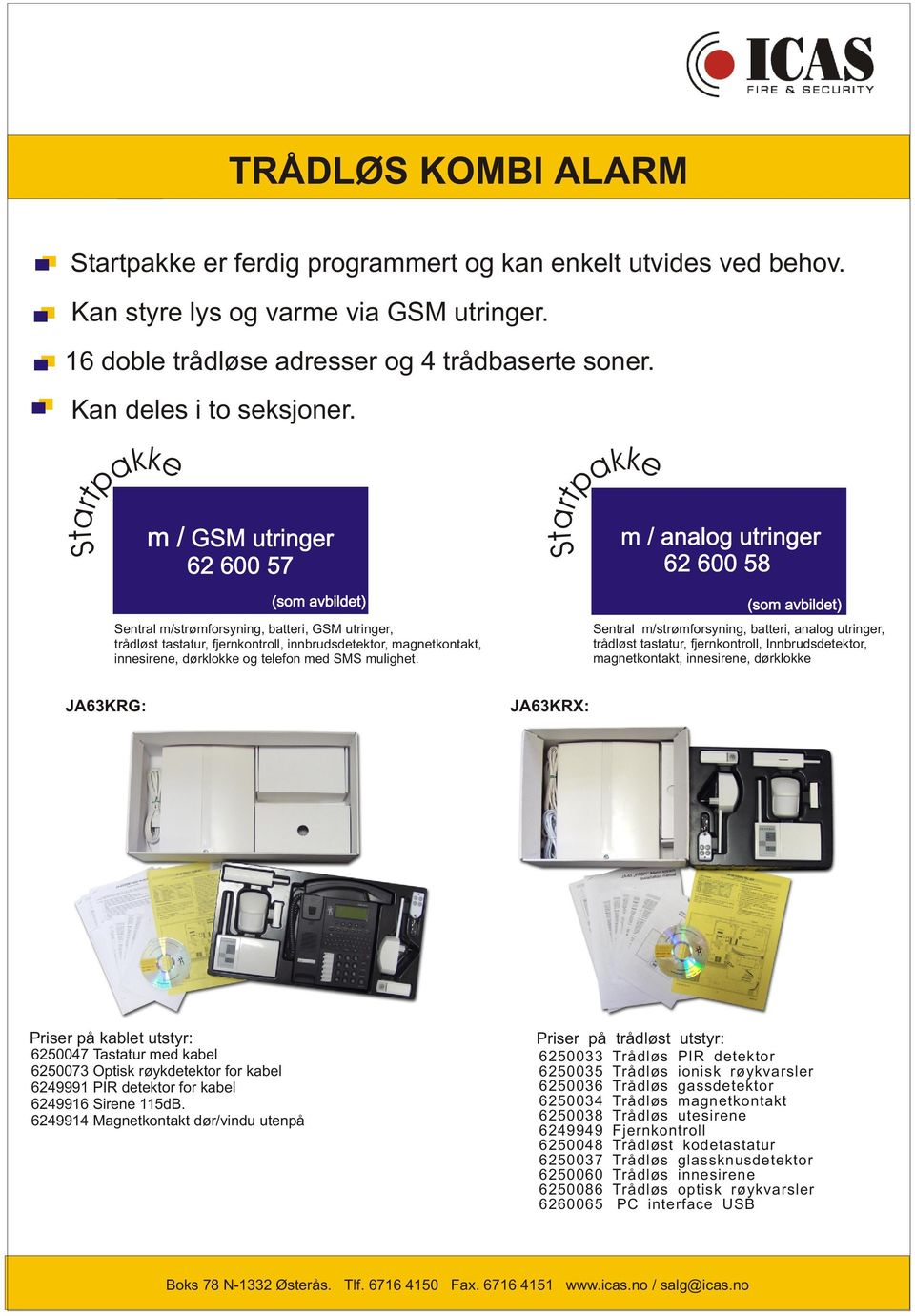 Startpakke m / GSM utringer 62 600 57 (som avbildet) Sentral m/strømforsyning, batteri, GSM utringer, trådløst tastatur, fjernkontroll, innbrudsdetektor, magnetkontakt, innesirene, dørklokke og