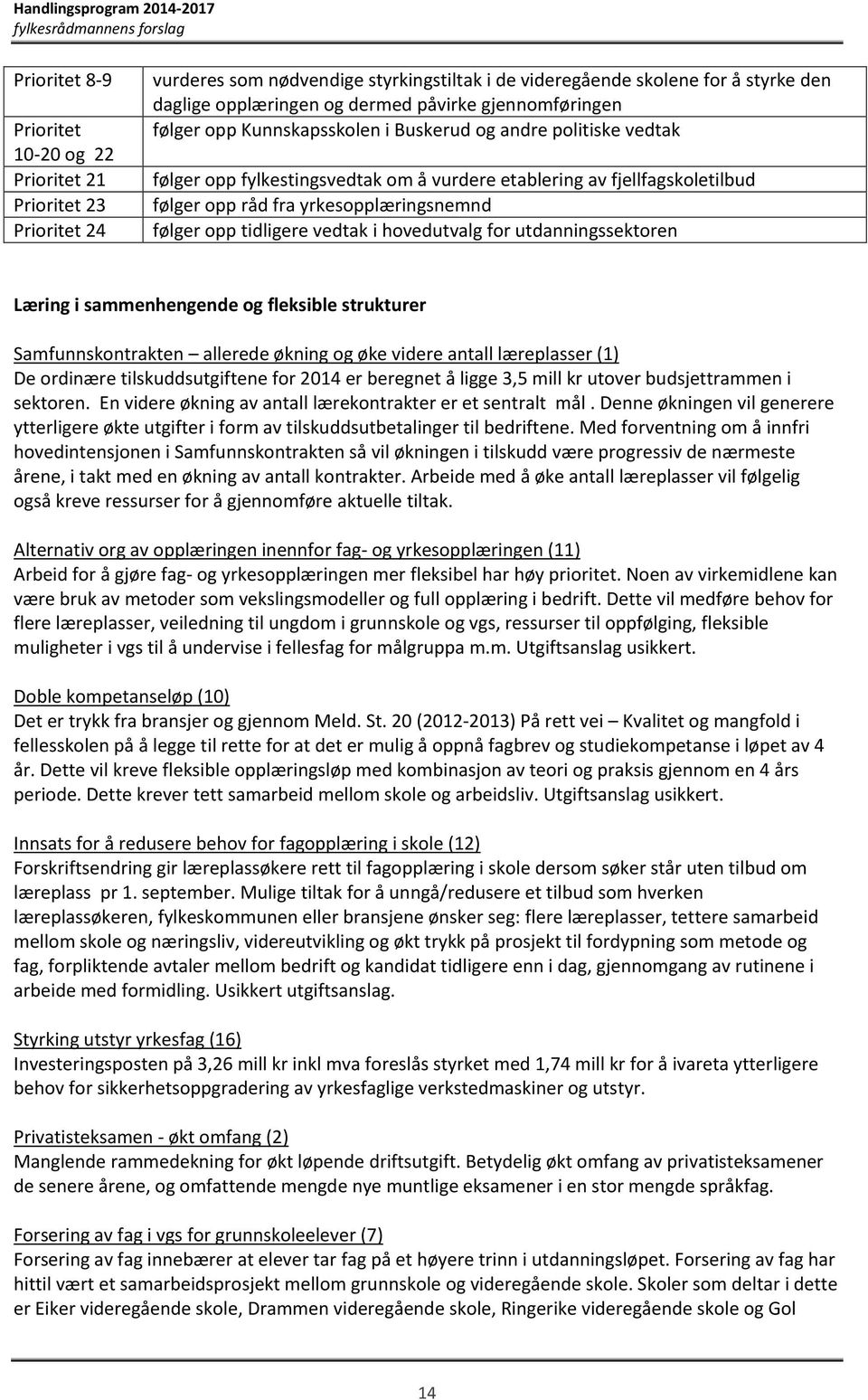 følger opp tidligere vedtak i hovedutvalg for utdanningssektoren Læring i sammenhengende og fleksible strukturer Samfunnskontrakten allerede økning og øke videre antall læreplasser (1) De ordinære