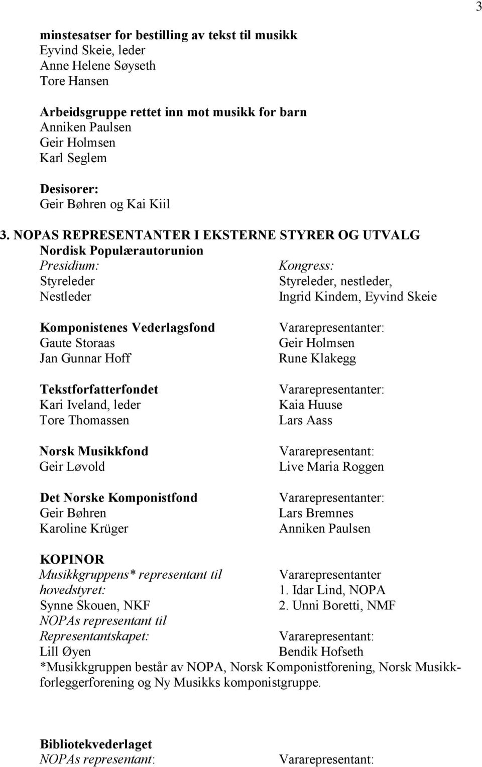 NOPAS REPRESENTANTER I EKSTERNE STYRER OG UTVALG Nordisk Populærautorunion Presidium: Kongress: Styreleder Styreleder, nestleder, Nestleder Ingrid Kindem, Eyvind Skeie Komponistenes Vederlagsfond