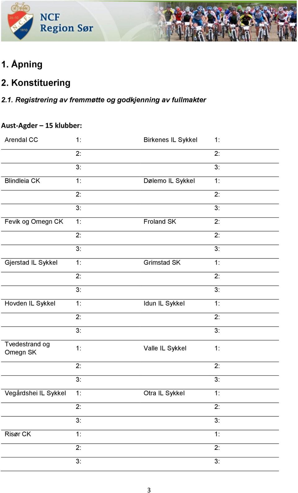 CK 1: Froland SK 2: Gjerstad IL Sykkel 1: Grimstad SK 1: Hovden IL Sykkel 1: Idun IL Sykkel 1: