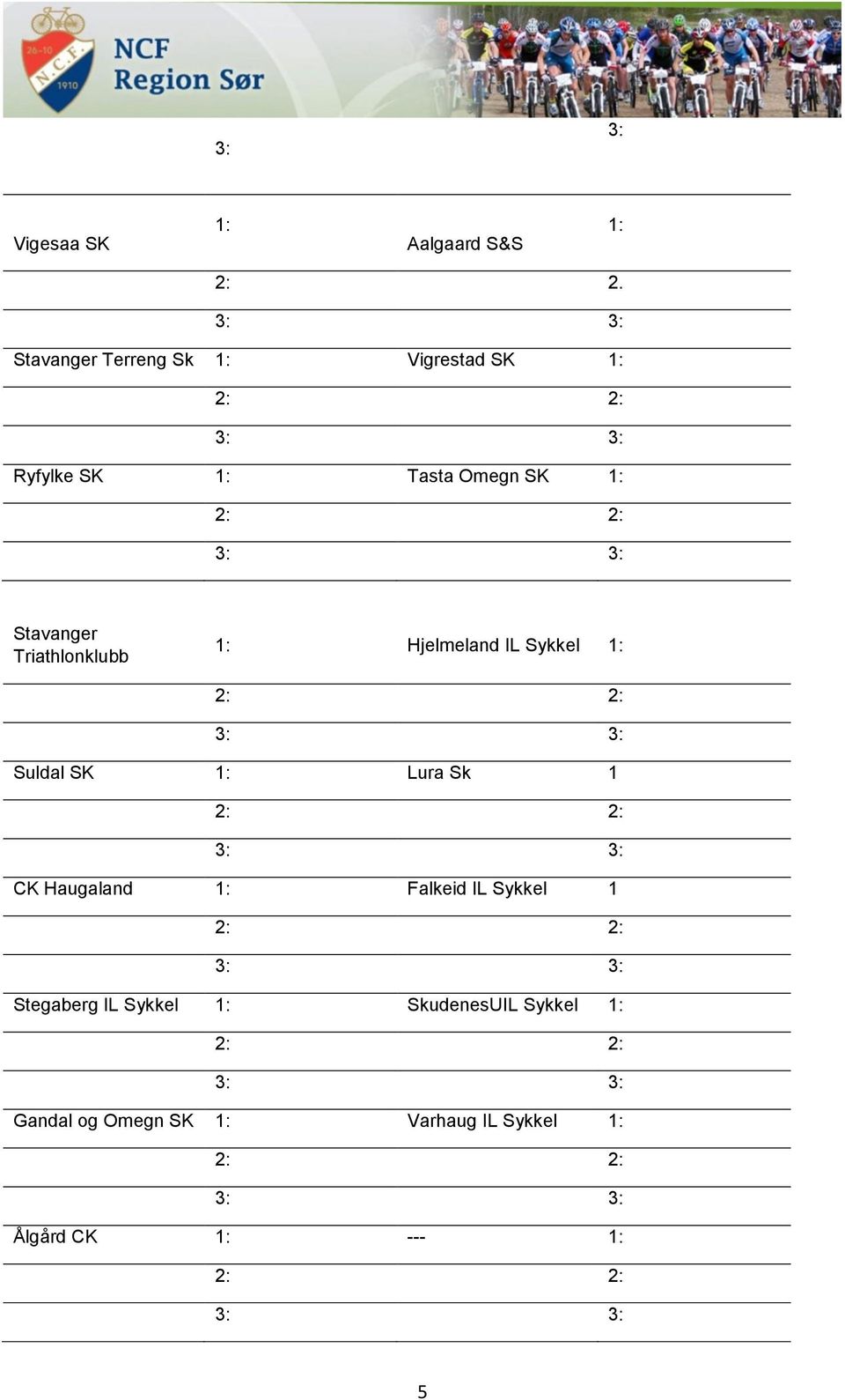 Triathlonklubb 1: Hjelmeland IL Sykkel 1: Suldal SK 1: Lura Sk 1 CK Haugaland 1: