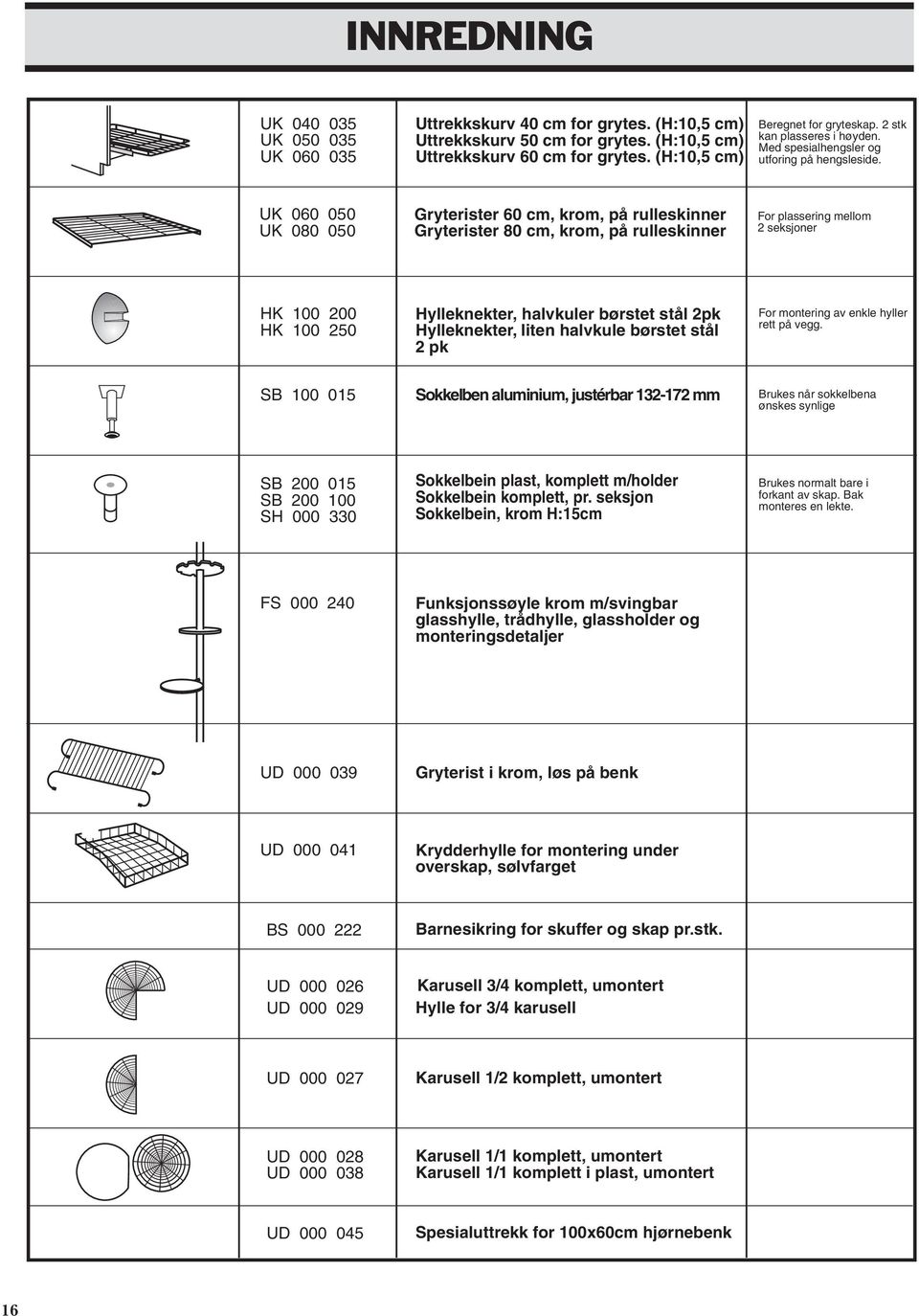 UK 060 050 UK 080 050 Gryterister 60 cm, krom, på rulleskinner Gryterister 80 cm, krom, på rulleskinner For plassering mellom 2 seksjoner HK 100 200 HK 100 250 Hylleknekter, halvkuler børstet stål