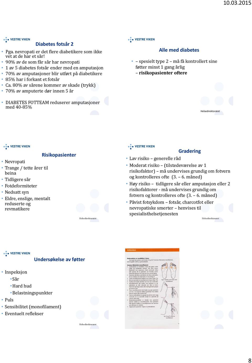 80% av sårene kommer av skade (trykk) 70% av amputerte dør innen 5 år DIABETES FOTTEAM reduserer amputasjoner med 40-85% Alle med diabetes spesielt type 2 må få kontrollert sine føtter minst 1 gang