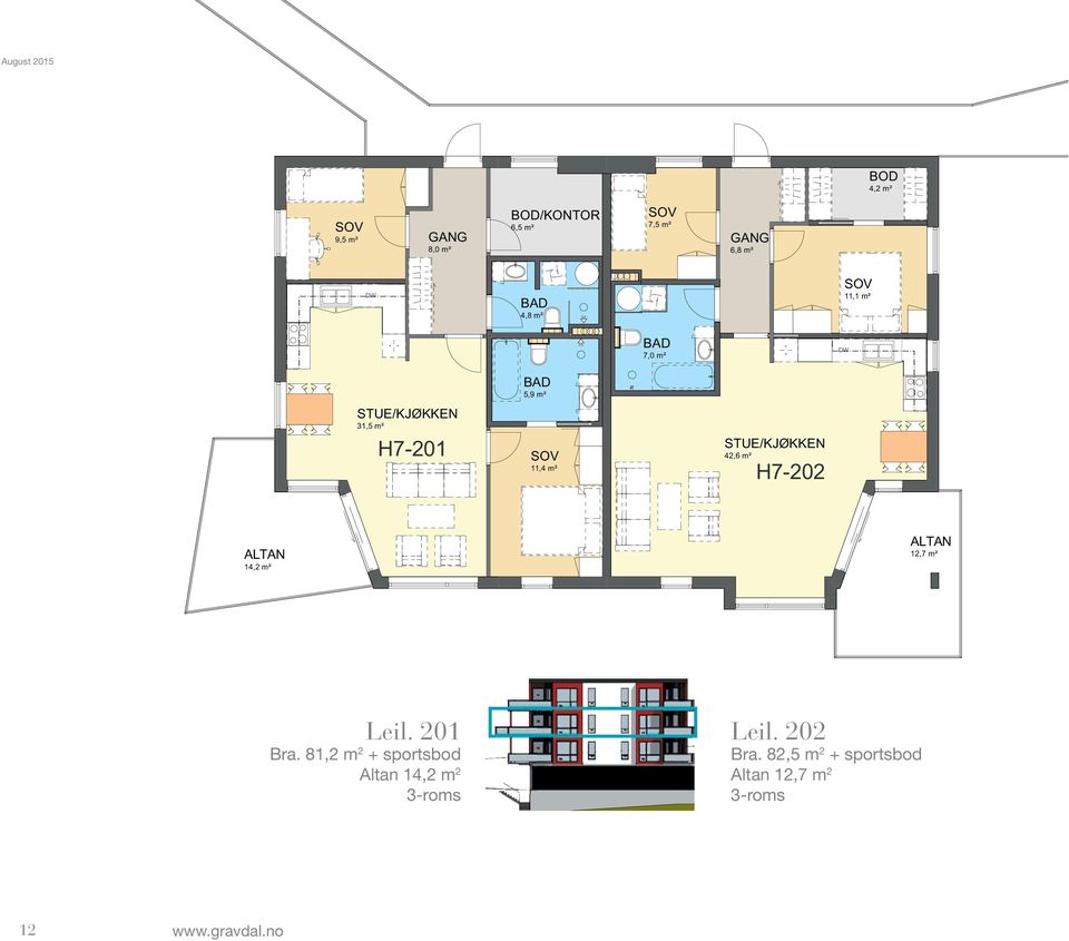 81,2 m 2 + sportsbod Altan 14,2 m 2 3-roms BRA 82,5 m² P-rom: 78,3m² Leil. 202 Bra.