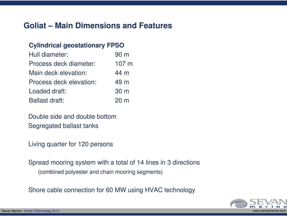 bottom Segregated ballast tanks Living quarter for 120 persons Spread mooring system with a total of 14 lines in 3