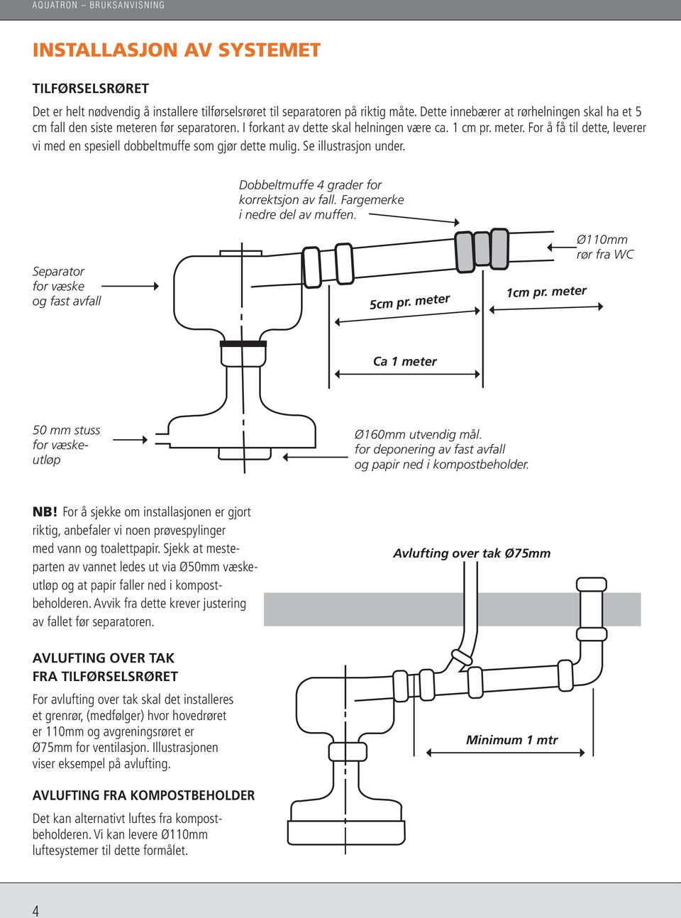 Se illustrasjon under. Dobbeltmuffe 4 grader for korrektsjon av fall. Fargemerke i nedre del av muffen. Separator for væske og fast avfall 5cm pr. meter 1cm pr.