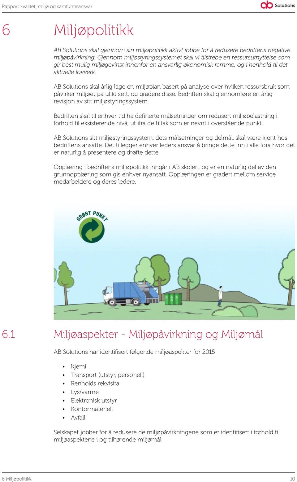 AB Solutions skal årlig lage en miljøplan basert på analyse over hvilken ressursbruk som påvirker miljøet på ulikt sett, og gradere disse.