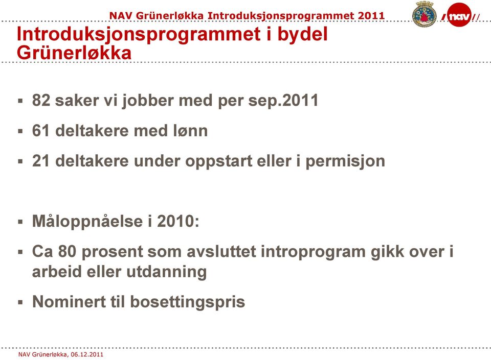 2011 61 deltakere med lønn 21 deltakere under oppstart eller i