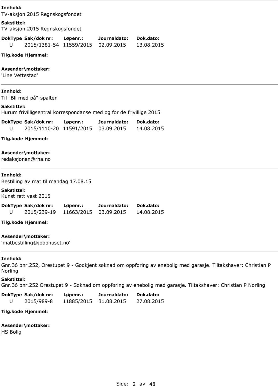 no Bestilling av mat til mandag 17.08.15 Kunst rett vest 2015 2015/239-19 11663/2015 14.08.2015 'matbestilling@jobbhuset.no' Gnr.36 bnr.