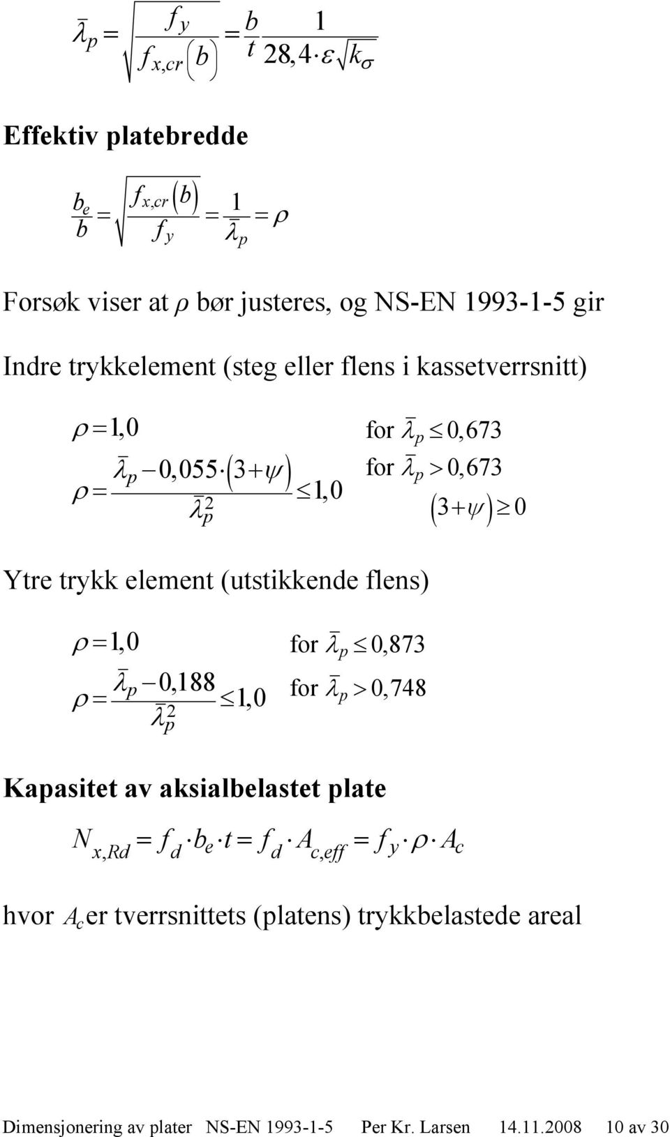 (utstikkende flens) 1,0 for p 0,873 p 0,188 1,0 for p 0,748 p Kapasitet av aksialbelastet plate N f b t f A f A xrd, d e d