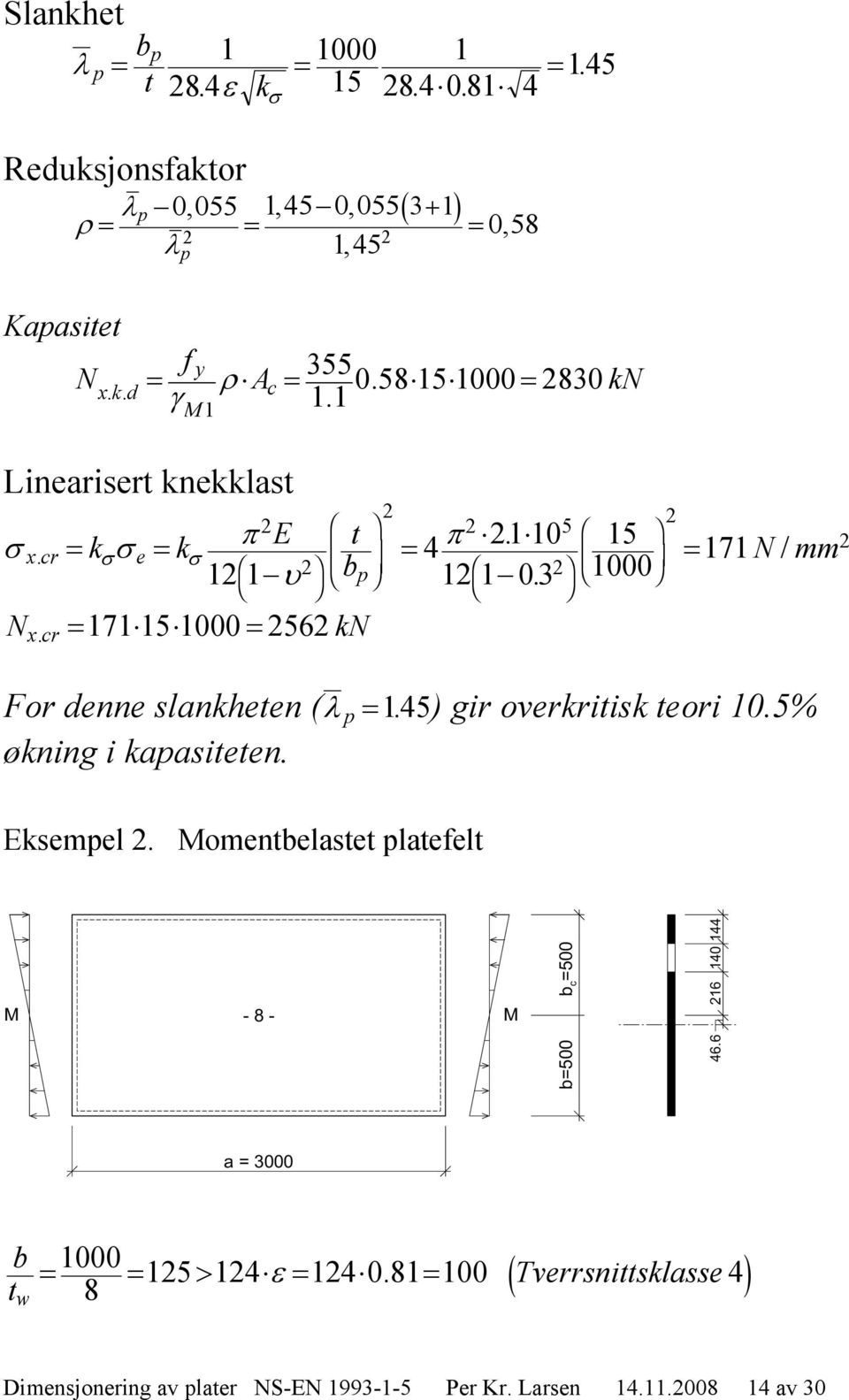 I K H G 1 1 0 3 15 1000 I KJ 171 N/ mm For denne slankheten ( p 145. ) gir overkritisk teori 10.5% økning i kapasiteten. Eksempel.