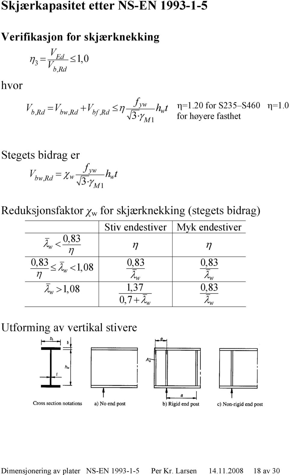 0 for høyere fasthet Stegets bidrag er V b, Rd f y 3 M1 h t Reduksjonsfaktor χ for skjærknekking (stegets