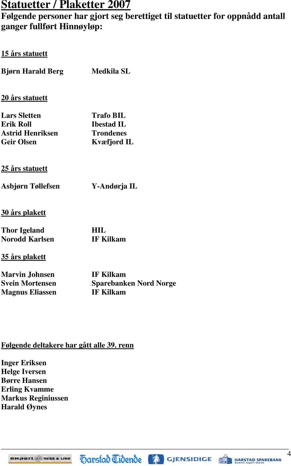 Tøllefsen Y-Andørja IL 30 års plakett Thor Igeland Norodd Karlsen HIL IF Kilkam 35 års plakett Marvin Johnsen Svein Mortensen Magnus Eliassen IF Kilkam