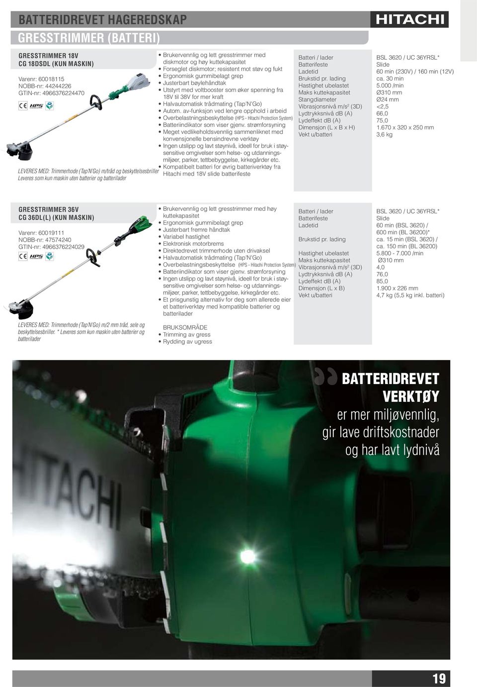 Halvautomatisk trådmating (Tap N Go) Autom. av-funksjon ved lengre opphold i arbeid Overbelastningsbeskyttelse (HPS - Hitachi Protection System) Batteriindikator som viser gjenv.