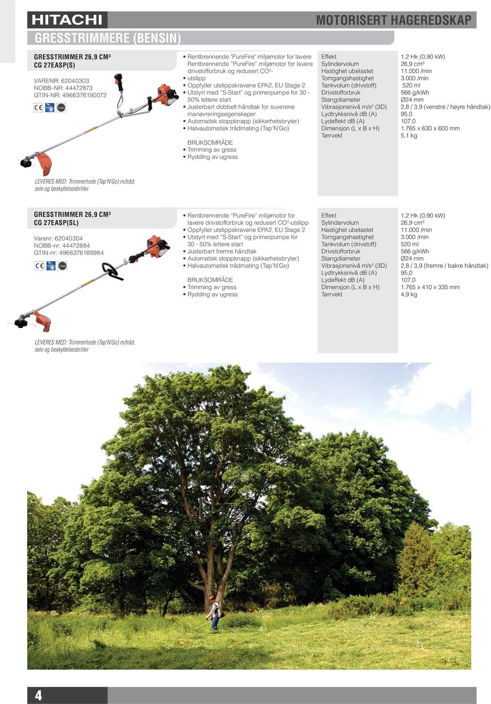 Automatisk stoppknapp (sikkerhetsbryter) Halvautomatisk trådmating (Tap N Go) Trimming av gress Rydding av ugress 1,2 Hk (0,90 kw) 26,9 cm³ Tomgangshastighet 3.