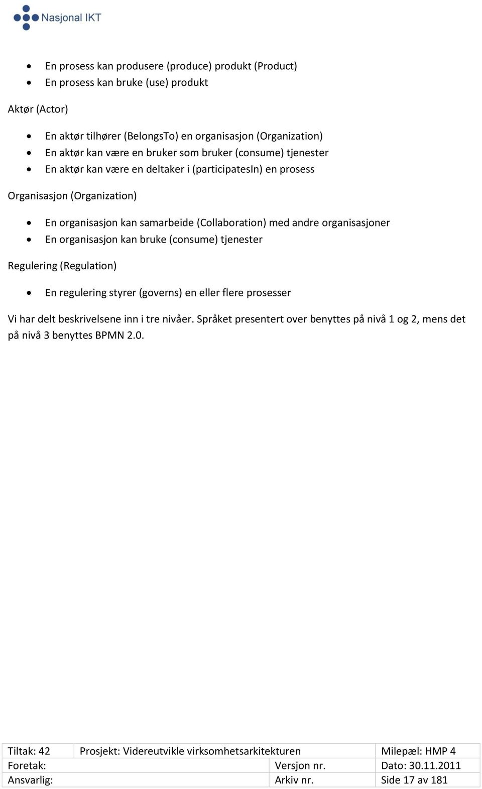 samarbeide (Collaboration) med andre organisasjoner En organisasjon kan bruke (consume) tjenester Regulering (Regulation) En regulering styrer (governs) en eller flere