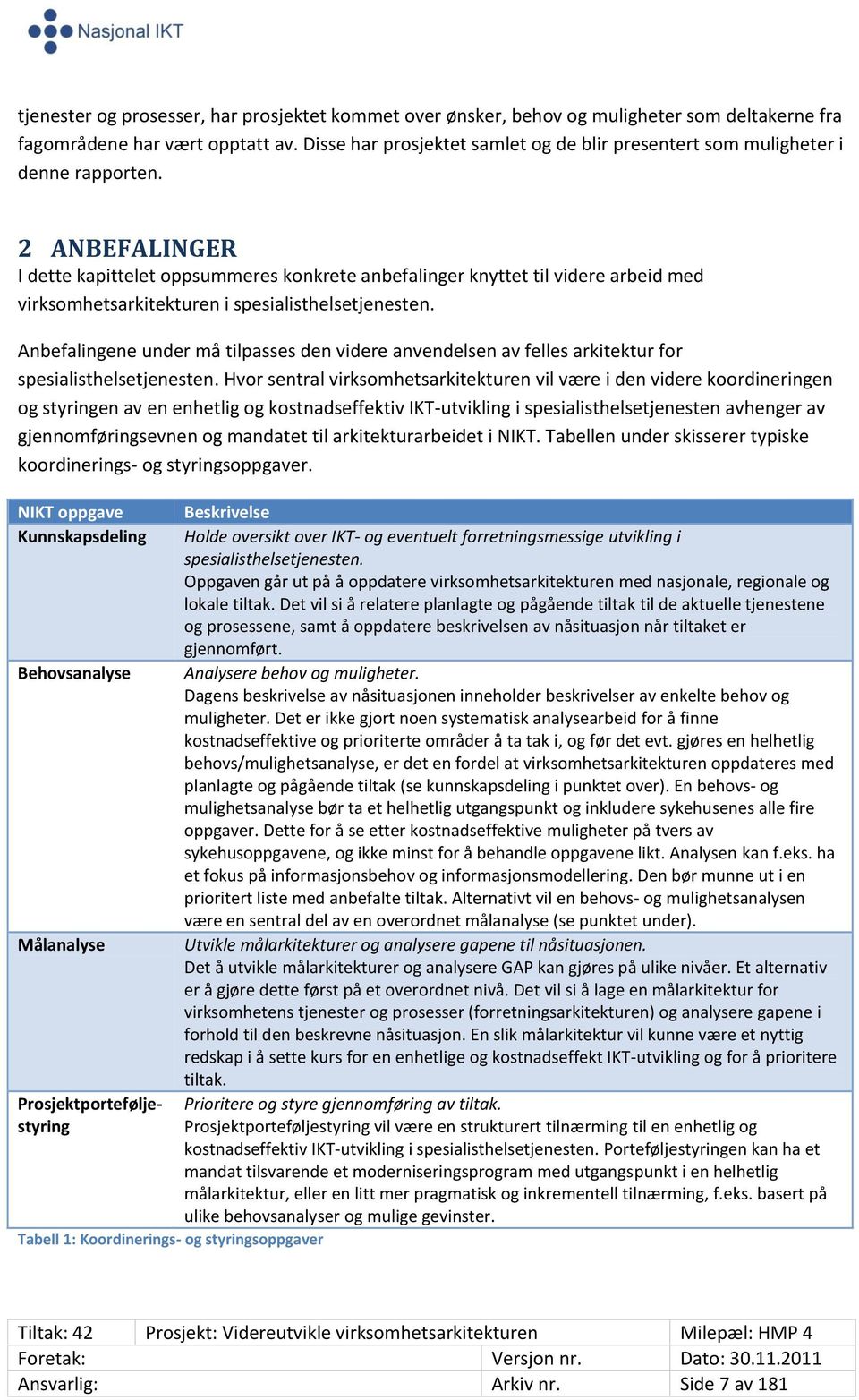 2 ANBEFALINGER I dette kapittelet oppsummeres konkrete anbefalinger knyttet til videre arbeid med virksomhetsarkitekturen i spesialisthelsetjenesten.