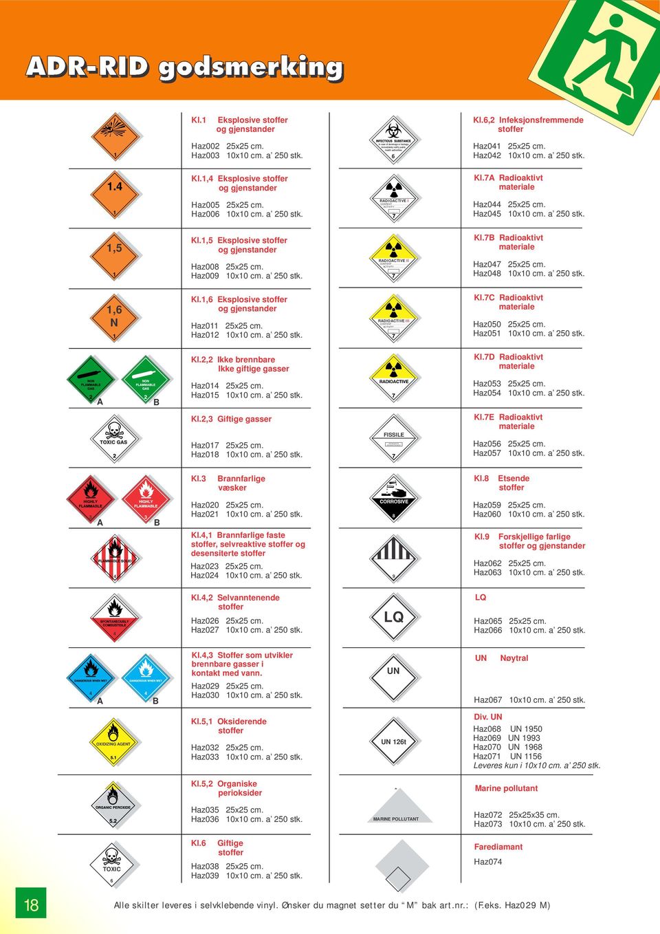 7A Radioaktivt materiale Haz005 25x25 cm. Haz006 10x10 cm. a 250 stk. RADIOACTIVE I CONTENT............ ACTIVITY......... Haz044 25x25 cm. Haz045 10x10 cm. a 250 stk. 1,5 Kl.