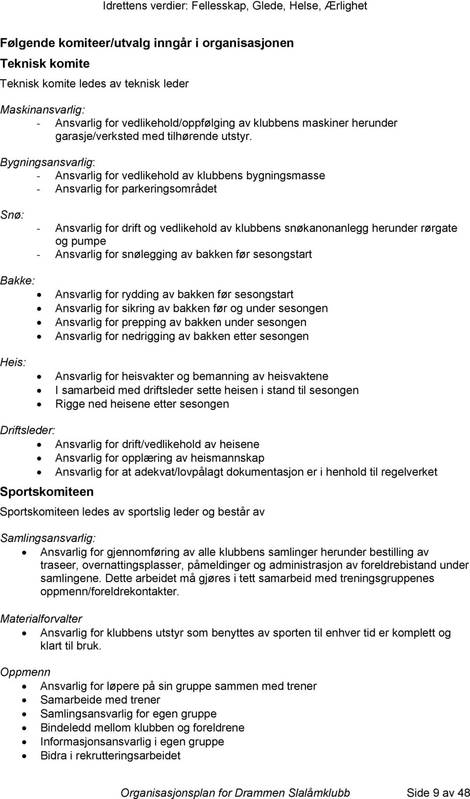 Bygningsansvarlig: - Ansvarlig for vedlikehold av klubbens bygningsmasse - Ansvarlig for parkeringsområdet Snø: - Ansvarlig for drift og vedlikehold av klubbens snøkanonanlegg herunder rørgate og